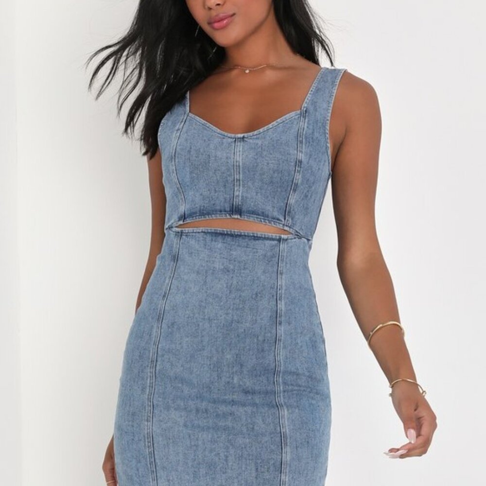 Lulus Charming Edge Light Blue Denim Cutout Mini Dress - Size S